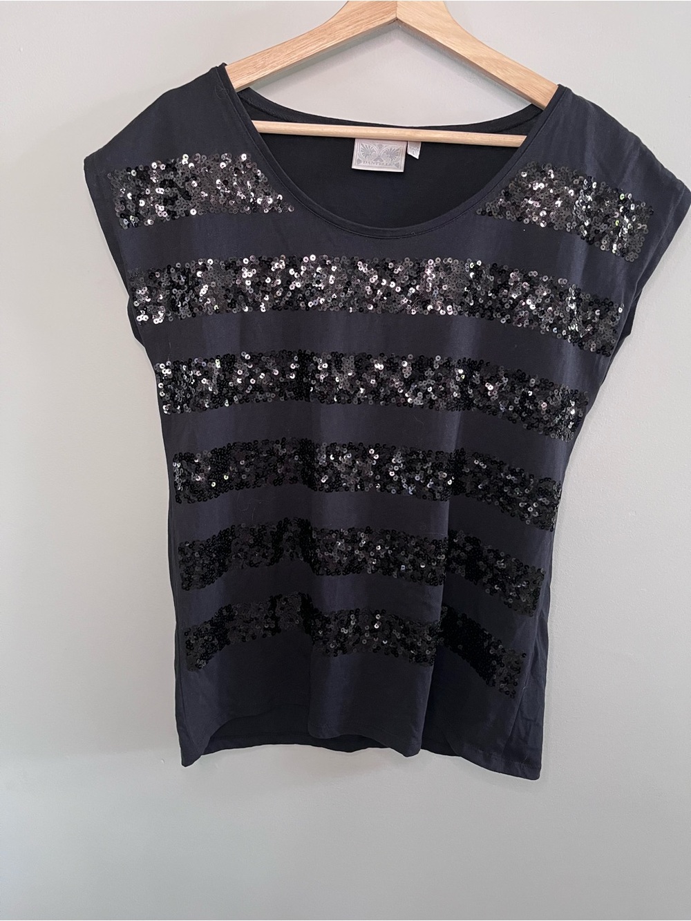 Dantelle Womens Black‎ Sequin Striped Scoop Neck Cotton Top Size L D871